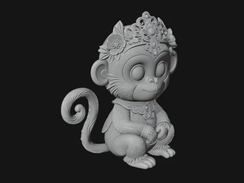 Floral Chibi Monkey Statue Design 1 - 3D Print Model 3D Print Model