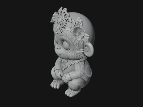 Floral Chibi Monkey Statue Design 1 - 3D Print Model 3D Print Model