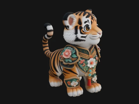 Floral Chibi Tiger Statue Design 3 - 3D Print Model Modelo de impresión 3D