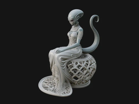 Seated Alien Woman Statue Design 1 - 3D Print Model Modello di stampa 3D