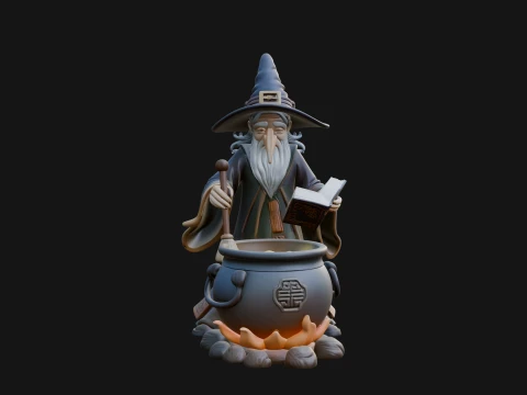 Wizard with Cauldron Statue Design 2 - 3D Print Model 3D Print Model