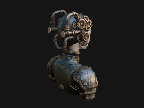 Steampunk Clockwork Head Bust Design 2 - 3D Print Model Modèles 3D en vedette