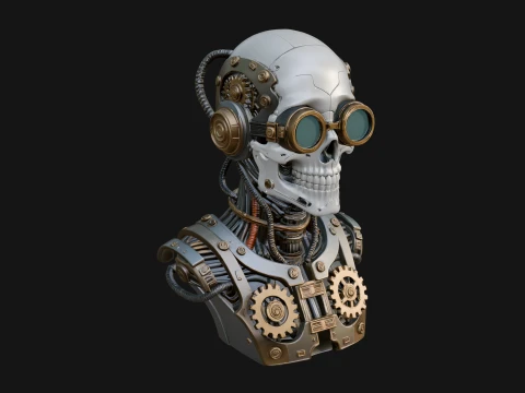 Steampunk Goggle Skull Bust Statue Design 1 - 3D Print Model Modèles 3D en vedette