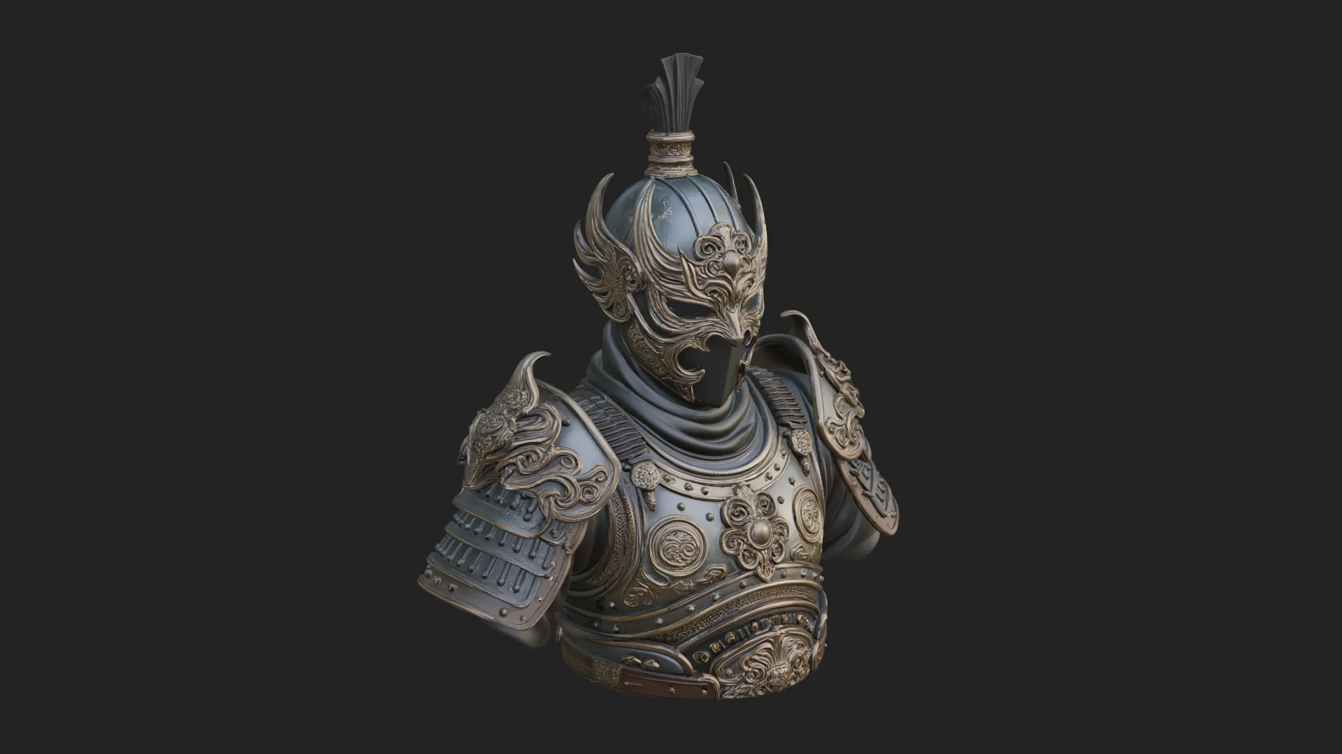 Ornate Asian Armor Bust Statue Design 1 - 3D Print Model 3D Print Model .c4d .max .obj .3ds .fbx .stl .blend 
