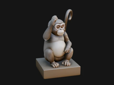 Monkey on Pedestal Statue Design 3 - 3D Print Model Modèles 3D en vedette
