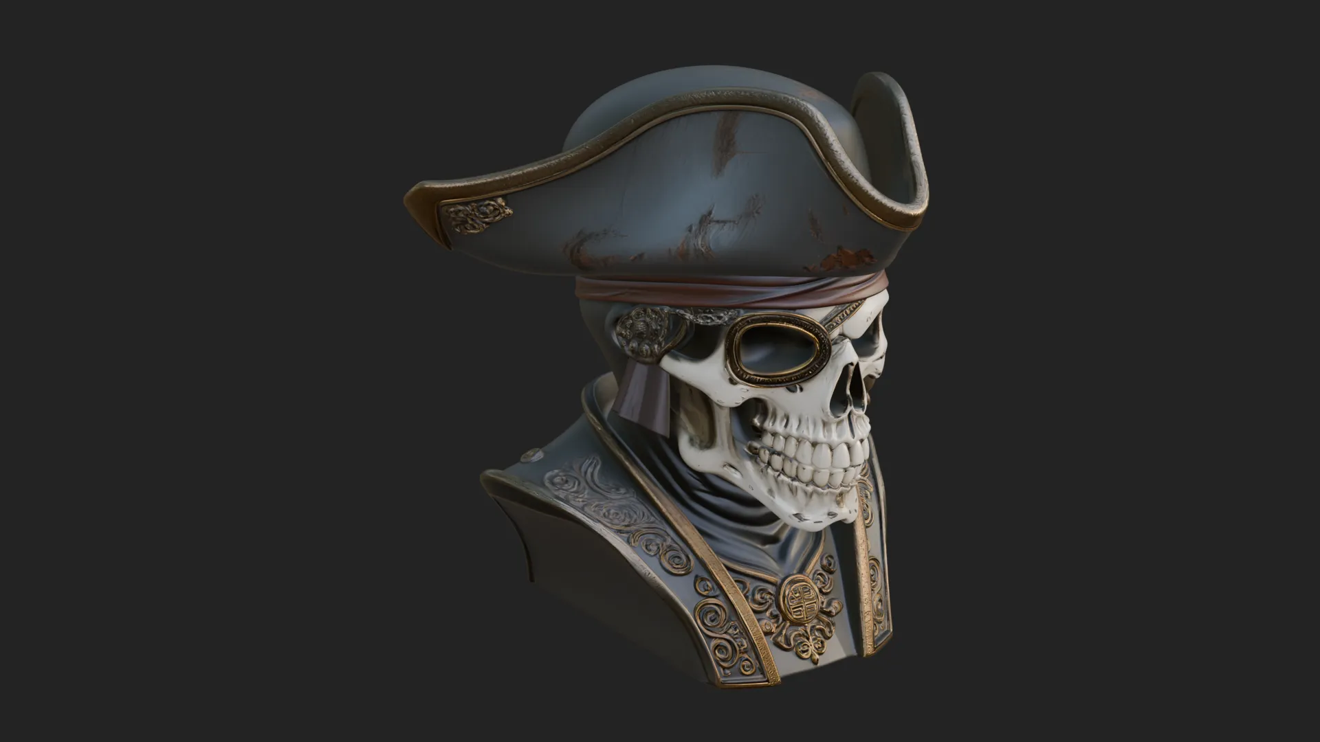 Pirate Skull in Tricorn Bust Statue Design 2 - 3D Print Model 3D Print Model .c4d .max .obj .3ds .fbx .stl .blend 