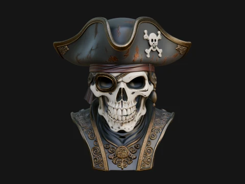 Pirate Skull in Tricorn Bust Statue Design 2 - 3D Print Model 3D Print Model