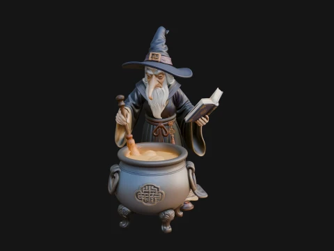 Wizard with Cauldron Statue Design 4 - 3D Print Model 3D printmodel