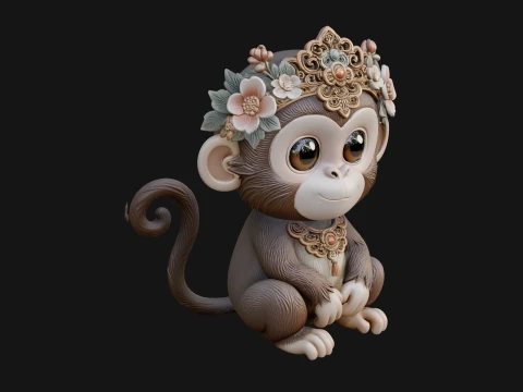Floral Chibi Monkey Statue Design 2 - 3D Print Model Modello di stampa 3D