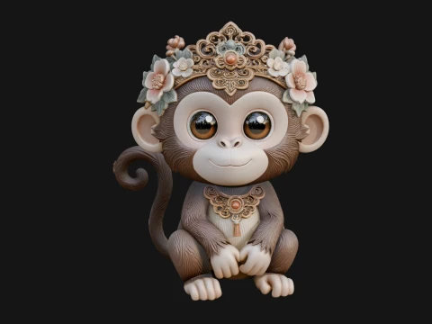 Floral Chibi Monkey Statue Design 2 - 3D Print Model 3D Print Model