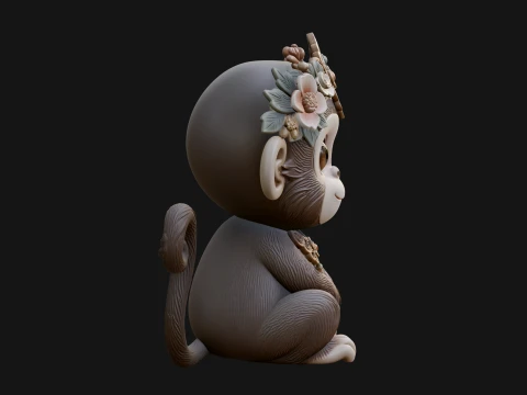Floral Chibi Monkey Statue Design 2 - 3D Print Model 3D Print Model