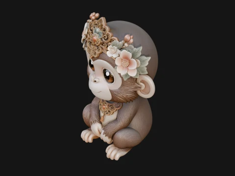Floral Chibi Monkey Statue Design 2 - 3D Print Model 3D Print Model