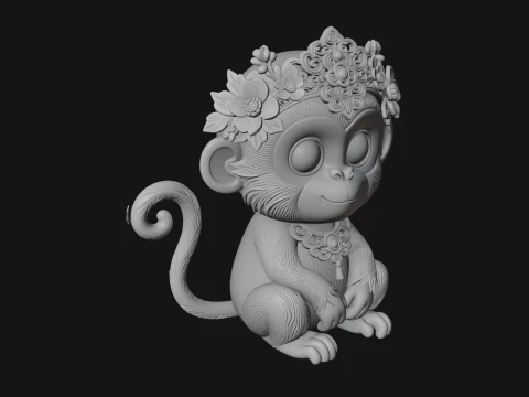 Floral Chibi Monkey Statue Design 2 - 3D Print Model 3D Print Model