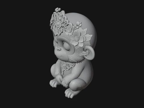 Floral Chibi Monkey Statue Design 2 - 3D Print Model 3D Print Model
