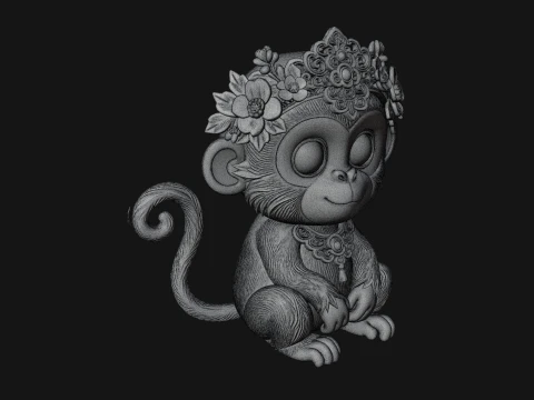 Floral Chibi Monkey Statue Design 2 - 3D Print Model 3D Print Model