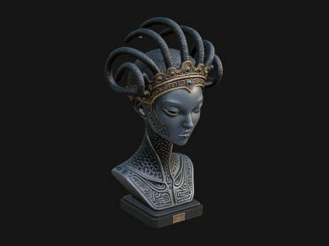 Alien Bust with Tube Crown Statue Design 3 - 3D Print Model 3D Druckmodell