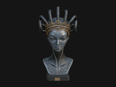 Alien Bust with Tube Crown Statue Design 3 - 3D Print Model 3D Print Model