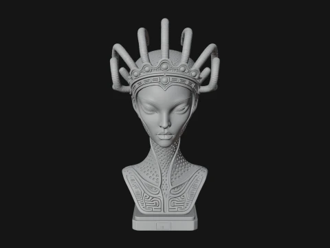 Alien Bust with Tube Crown Statue Design 3 - 3D Print Model 3D Print Model