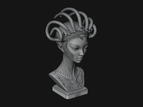 Alien Bust with Tube Crown Statue Design 3 - 3D Print Model 3D Print Model