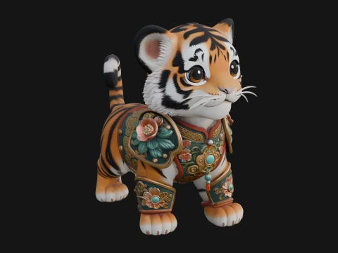Floral Chibi Tiger Statue Design 4 - 3D Print Model 3D Druckmodell