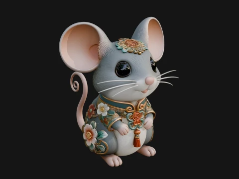 Floral Chibi Mouse Statue Design 3 - 3D Print Model Model do druku 3D