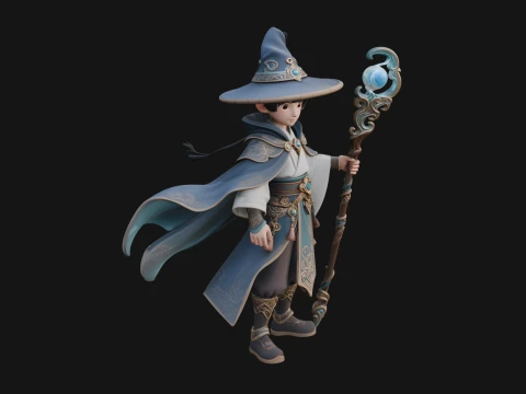 Young Mage with Staff Statue Design 1 - 3D Print Model 3D printmodel
