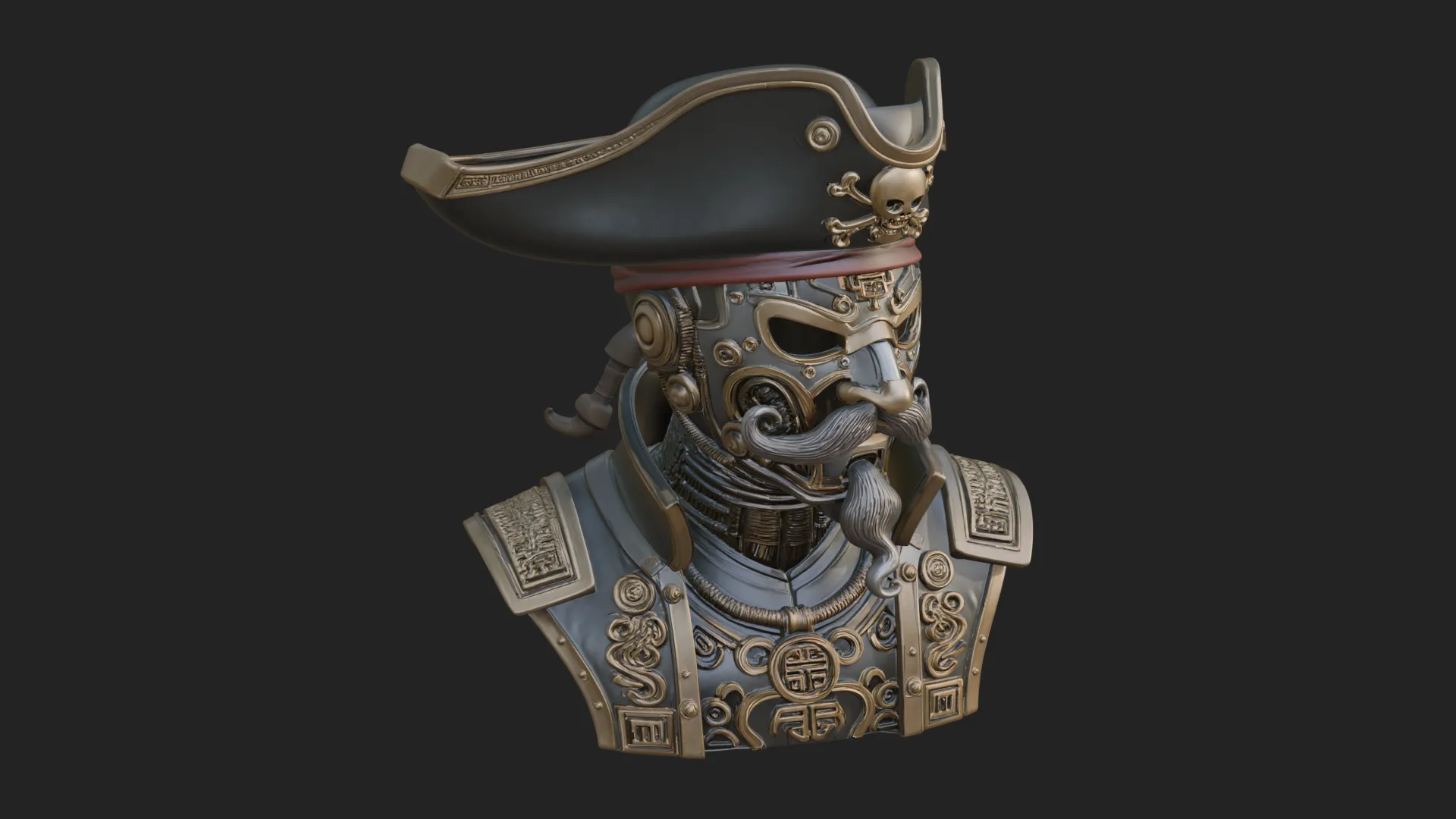 Steampunk Pirate Captain Bust Statue Design 2 - 3D Print Model 3D Baskı Modeli .c4d .max .obj .3ds .fbx .stl .blend 