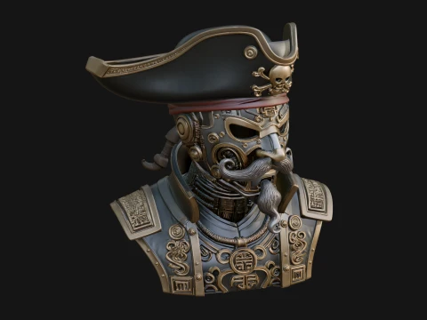 Steampunk Pirate Captain Bust Statue Design 2 - 3D Print Model 3D Druckmodell