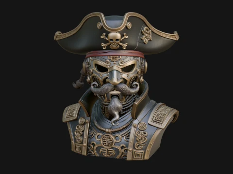 Steampunk Pirate Captain Bust Statue Design 2 - 3D Print Model 3D Baskı Modeli