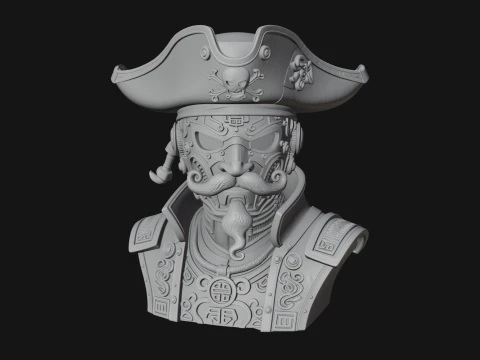 Steampunk Pirate Captain Bust Statue Design 2 - 3D Print Model 3D Baskı Modeli