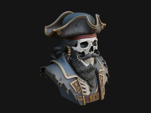 Pirate Skull in Tricorn Bust Statue Design 5 - 3D Print Model Model do druku 3D