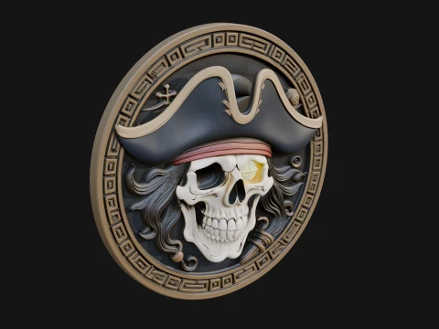 Pirate Skull Relief Medallion Pendant Design 1 - 3D Print Model 3Dプリントモデル
