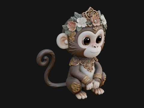 Floral Chibi Monkey Statue Design 3 - 3D Print Model 3Dプリントモデル