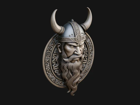 Viking Face Relief Medallion Pendant Design 3 - 3D Print Model 3D Baskı Modeli
