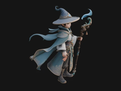 Young Mage with Staff Statue Design 3 - 3D Print Model Modèles 3D en vedette