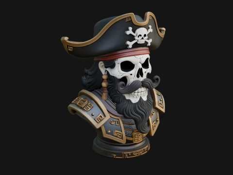 Pirate Skull in Tricorn Bust Statue Design 6 - 3D Print Model Modello di stampa 3D
