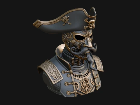 Steampunk Pirate Captain Bust Statue Design 3 - 3D Print Model 3D Print Model