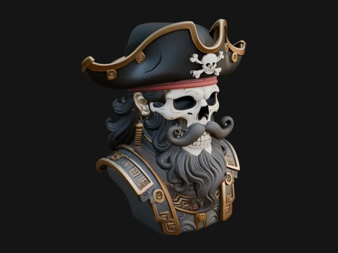 Pirate Skull in Tricorn Bust Statue Design 7 - 3D Print Model 3D Druckmodell