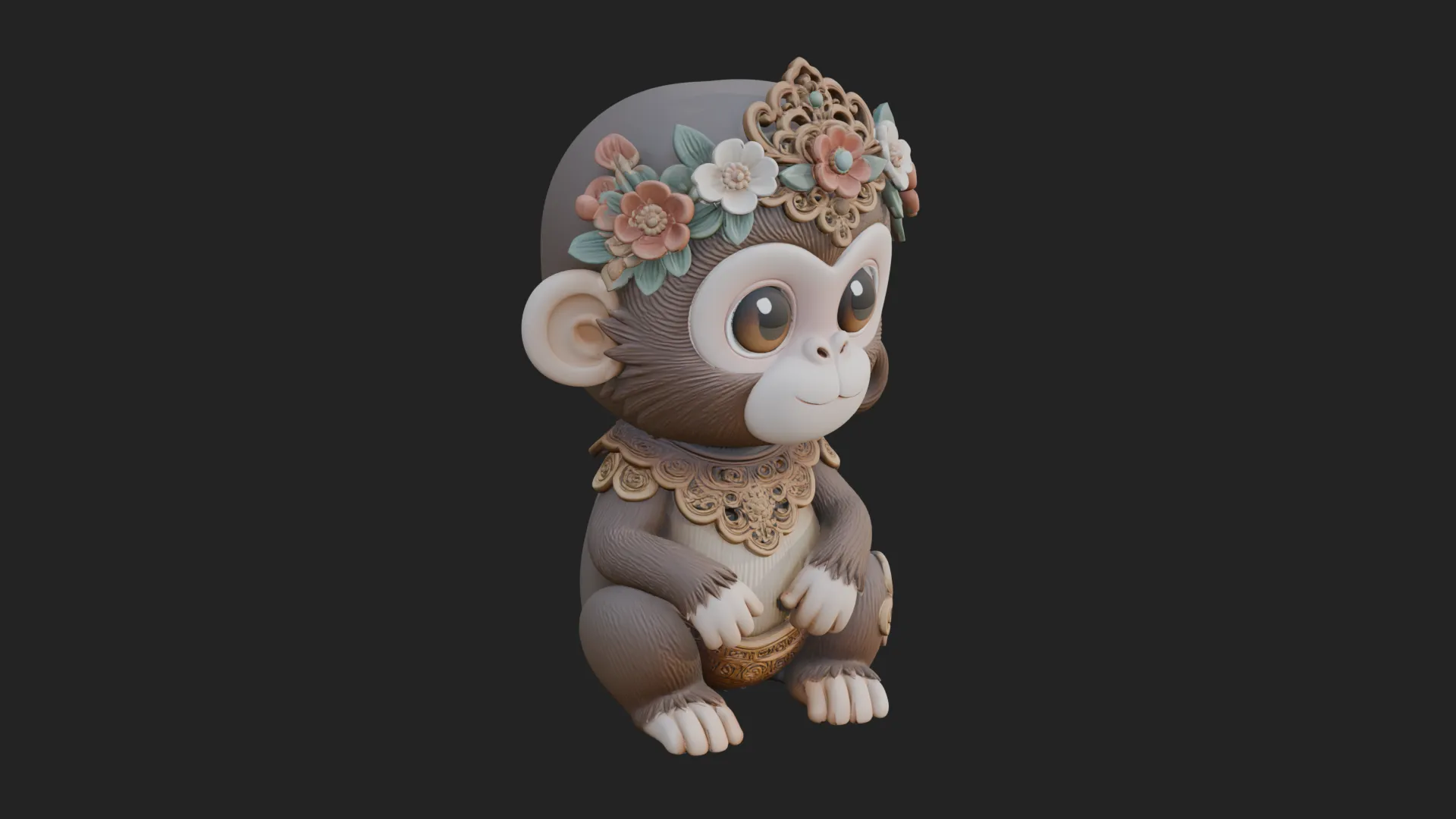 Floral Chibi Monkey Statue Design 4 - 3D Print Model 3D Print Model .c4d .max .obj .3ds .fbx .stl .blend