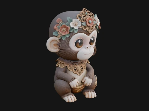 Floral Chibi Monkey Statue Design 4 - 3D Print Model Modelo de Impressão 3D