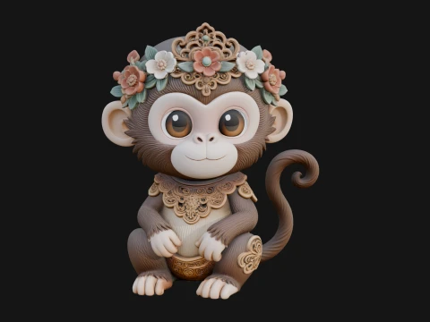 Floral Chibi Monkey Statue Design 4 - 3D Print Model 3D Print Model