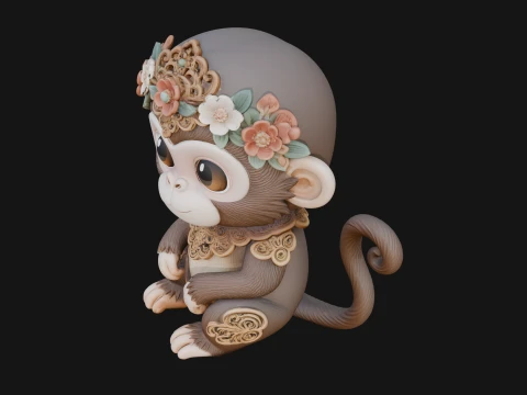 Floral Chibi Monkey Statue Design 4 - 3D Print Model 3D Print Model