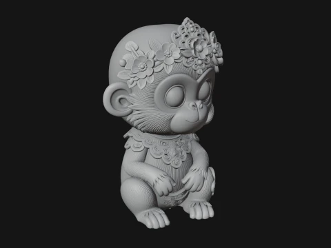 Floral Chibi Monkey Statue Design 4 - 3D Print Model 3D Print Model
