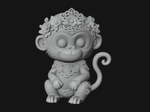 Floral Chibi Monkey Statue Design 4 - 3D Print Model 3D Print Model