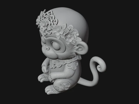 Floral Chibi Monkey Statue Design 4 - 3D Print Model 3D Print Model