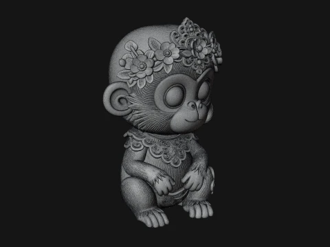 Floral Chibi Monkey Statue Design 4 - 3D Print Model 3D Print Model