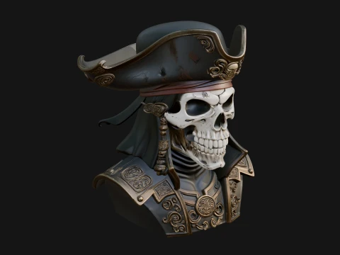 Pirate Skull in Tricorn Bust Statue Design 8 - 3D Print Model Model do druku 3D
