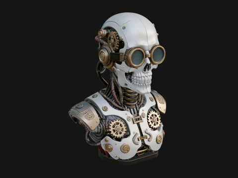 Steampunk Goggle Skull Bust Statue Design 4 - 3D Print Model Model do druku 3D
