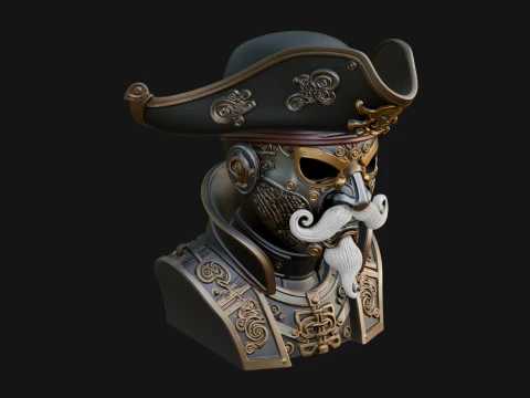 Steampunk Pirate Captain Bust Statue Design 4 - 3D Print Model 3D Print Model