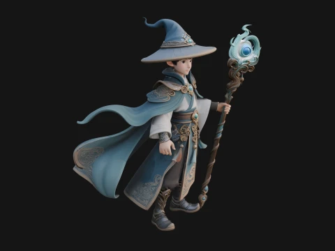 Young Mage with Staff Statue Design 4 - 3D Print Model 3D Druckmodell